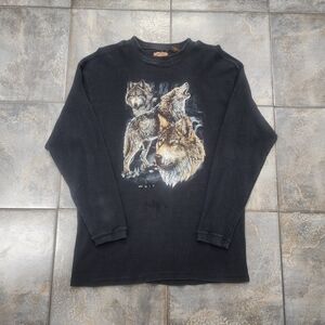 Vintage Y2K American Wildlife Men's XL Wolf Nature Thermal Waffle Knit T Shirt